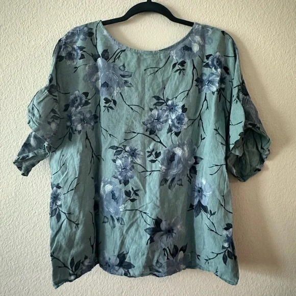 Elena Baldi Women's Size Large Blue Floral 100% Linen Short Sleeve Linen Blouse - Picture 3 of 6